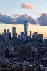 Lower Manhattan New York skyline at sunset