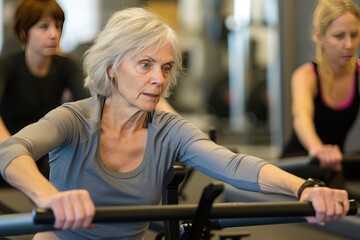 an older woman is riding a rowing machine in a gym - obrazy, fototapety, plakaty