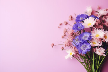 Pink horizontal background with a bouquet of field flowers. Generated by artificial intelligence
