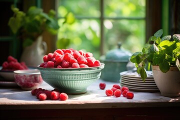 Rustic charm abounds with ripe raspberries in a ceramic bowl, wooden table setting, and soft focus...
