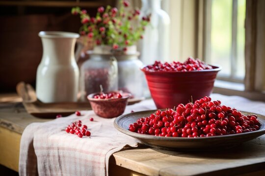 Country kitchen with fresh red currants in bowls, vintage jug, and a bouquet near a window with natural light.
