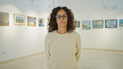 Mature hispanic woman with glasses standing thoughtfully in an art gallery, portraying a sense of...