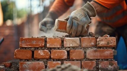 A bricklayer constructs a stone wall using wood, metal tools, and building materials like bricks...