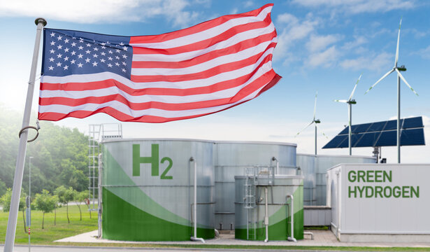 American flag on a background of green hydrogen factory. Concept.