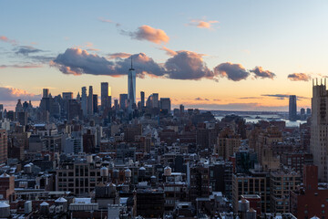 Lower Manhattan New York skyline at sunset