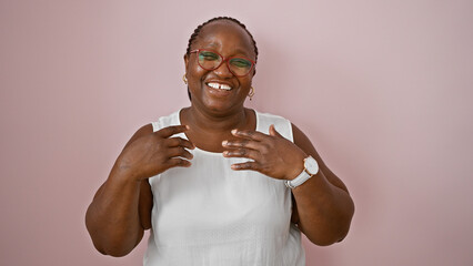 Cheerful african american woman with braids, enjoying fun and expressing joy and confidence,...