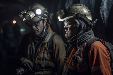Two miners with headlamps underground