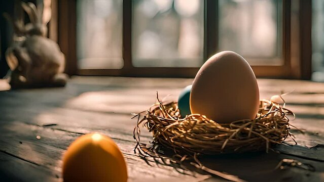 Egg rests inside a nest placed on a wooden table. The natural scene captures the simplicity of natures design