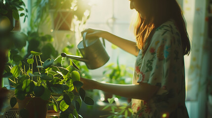 Uma mulher regando plantas em um jardim ensolarado com folhagens verdes vibrantes e flores coloridas ao fundo - obrazy, fototapety, plakaty