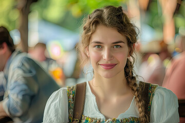 Fototapeta premium portrait of young blond woman outdoors at beer garden