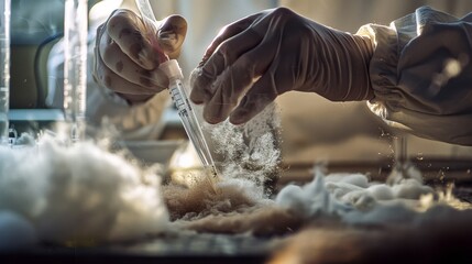A focused lab technician working meticulously with a syringe and cotton, showcasing a precise scientific procedure