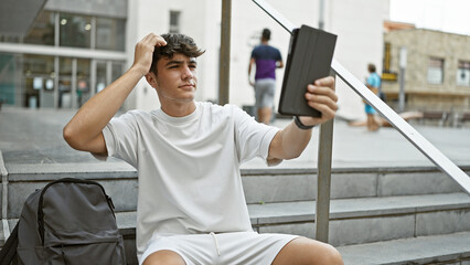 Fototapeta na wymiar Cool young hispanic student guy making a selfie sitting on university stairs with touchpad, casually living the urban lifestyle while loving his daily campus life.