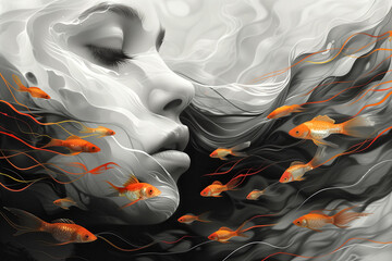 Obrazy na Plexi  Sztuka nowoczesna. Projekt z twarzą kobiety i rybkami