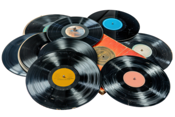 Collection of vintage vinyl records with colorful labels, cut out - stock png.