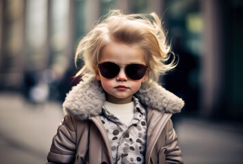 Stylish cool small girl wearing fashionable jacket and sunglasses walking on street, fashion supermodel kid, studio portrait. Generative AI