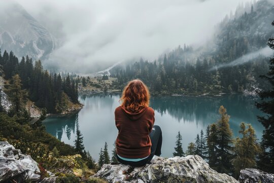 A lone individual sits contemplatively on a rock, gazing at a serene mist-covered lake surrounded by forest