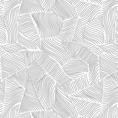 Seamless pattern of wavy patchy mosaic with hand drawn line texture. Minimalist elegant black and white doodle background.