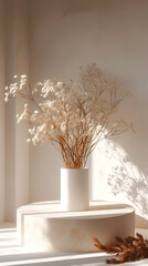 Empty podium and mockup for product with copy space, dried flowers in a vase minimalistic and with shadows.