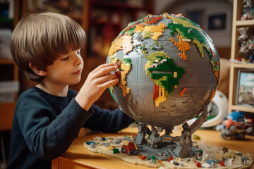 Boy assembling a toy blocks globe at home