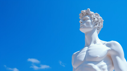 Ancient Greek God in Marble on Clear Blue Sky - White Marble Sculpture of Young Muscular Mythological Figure