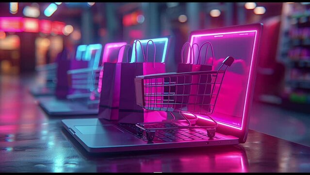 Shopping Cart on Laptop 3d render animation 