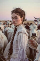 A young woman in Victorian attire surrounded by cows in the countryside during the golden hour