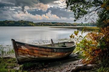 Obraz premium A calm scene of a wooden rowboat resting on the shore of a serene lake surrounded by fall foliage