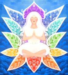 spiritual art illustration. girl in meditation in prayer. chakras - 745411473