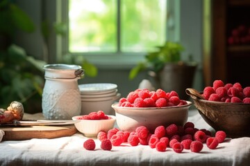 Freshly picked raspberries in an earthenware bowl, vintage kitchen setting, soft natural light...