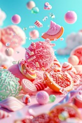 A whimsical array of vibrant sweets floats in a fantasy setting, symbolizing indulgence and childhood imagination