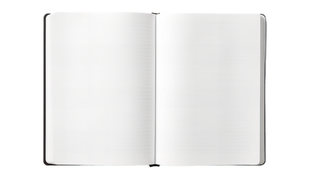 Top view of the open white notebook on transparent background.