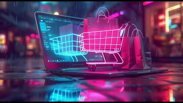 Shopping Cart on Laptop 3d render animation 