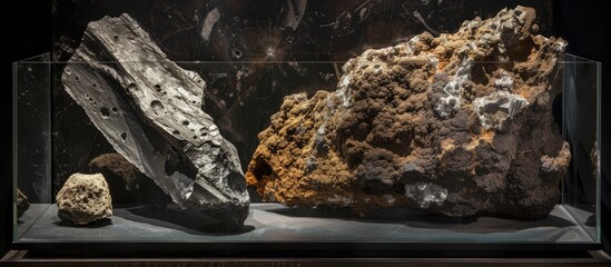 Fototapeta na wymiar Two rocks, a meteorite chondrite, and mocs are showcased in a glass case on a black background. The rocks are presented as meteoric marvels, offering a unique and intriguing display.