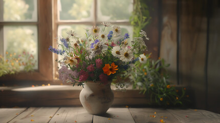 Fototapeta na wymiar Um buquê rústico de flores selvagens iluminado por luz suave natural em uma mesa de madeira