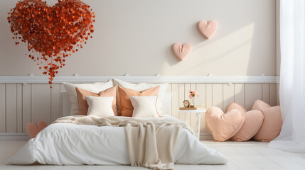 White bed for couples in a romantic and warm atmosphere.  Love valentine concept - obrazy, fototapety, plakaty