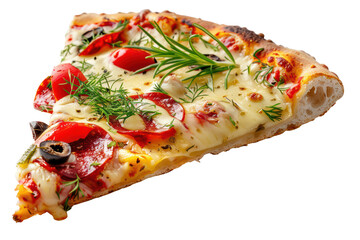 Delicious pizza slice with toppings, cut out - stock png.