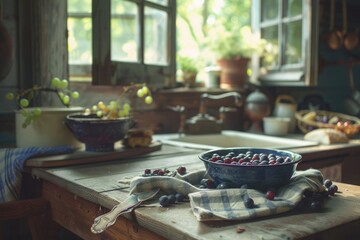 Cozy cottage kitchen with a bowl of fresh berries on a wooden table, basking in the morning light. - obrazy, fototapety, plakaty