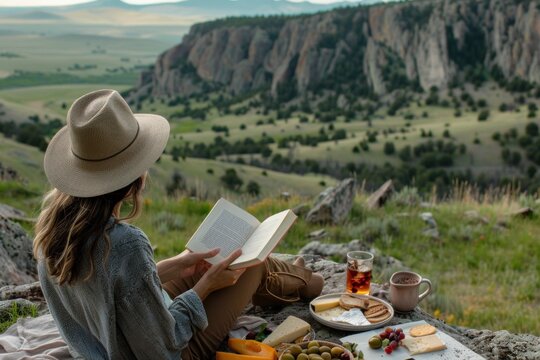 A female solo traveler enjoys reading a book during a mountain picnic, with a breathtaking landscape in the background and a spread of food and drink.