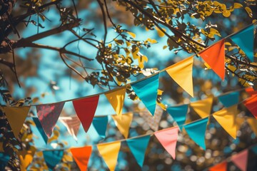colorful vibrant pennant strings of decorated celebrate outdoor party, hanging in trees, sunny, banner - obrazy, fototapety, plakaty