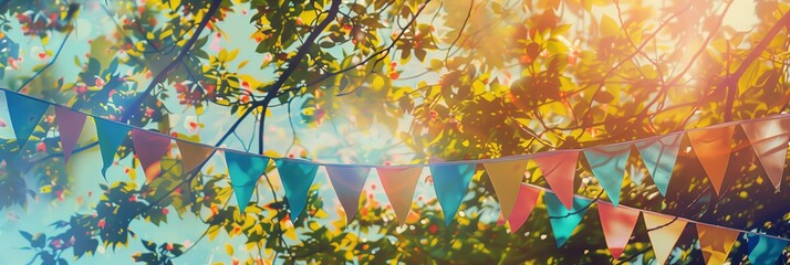 colorful vibrant pennant strings of decorated celebrate outdoor party, hanging in trees, sunny, banner