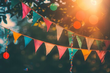 colorful vibrant pennant strings of decorated celebrate outdoor party, hanging in trees, sunny, banner - obrazy, fototapety, plakaty