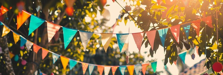 colorful vibrant pennant strings of decorated celebrate outdoor party, hanging in trees, sunny, banner