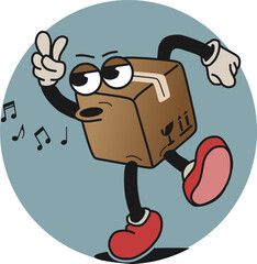 A sticker with an illustration of a box mascot with eyes and mouth, singing and dancing. Vintage and retro animation style