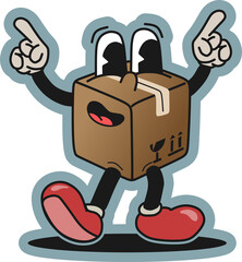 A sticker with an illustration of a box mascot with eyes and mouth, singing and dancing. Vintage and retro animation style