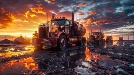 Antique trucks sit abandoned in a desolate industrial landscape, illuminated by a fiery sunset, depicting decay and past glory - obrazy, fototapety, plakaty