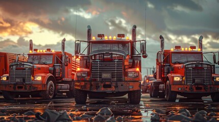 Impressive viewpoint of heavy-duty trucks lined up for cargo transport at dusk, showcasing illuminated headlights and vibrant skies