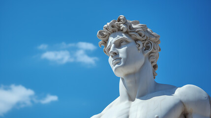 Ancient Greek God in Marble on Clear Blue Sky - White Marble Sculpture of Young Mythological Figure