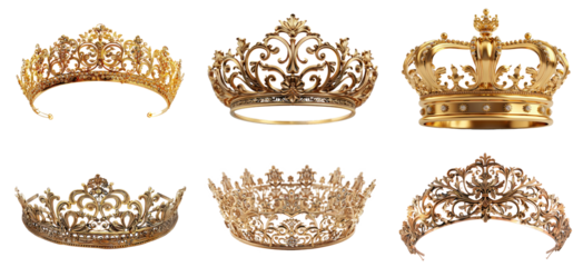 Set of ornate golden royal crown, cut out - stock png.