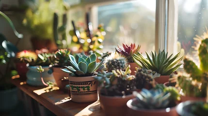Papier Peint photo Lavable Cactus Arranjo vibrante de suculentas e cactos banhados pelo sol em close com lente 50mm