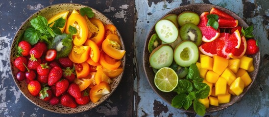 Two bowls filled with a variety of fresh fruits and vegetables, showcasing vibrant colors and textures. The assortment includes apples, oranges, carrots, tomatoes, cucumbers, and more.
